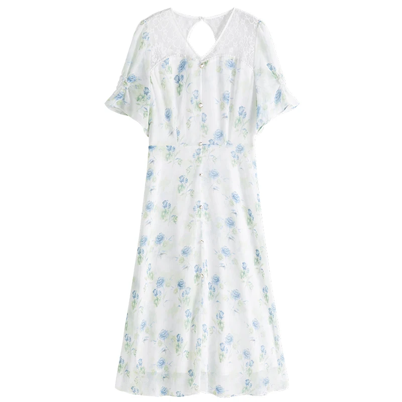 

DUSHU Loose Office Lady French Lace Stitching Chiffon Floral Dress 2021 Summer New Fresh Lace Stitching Dress Maxi Dresses
