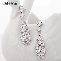 luoteemi trendy romantic long pendant drop earrings for women heart cubic zirconia clear bridal dangle drop earring for wedding