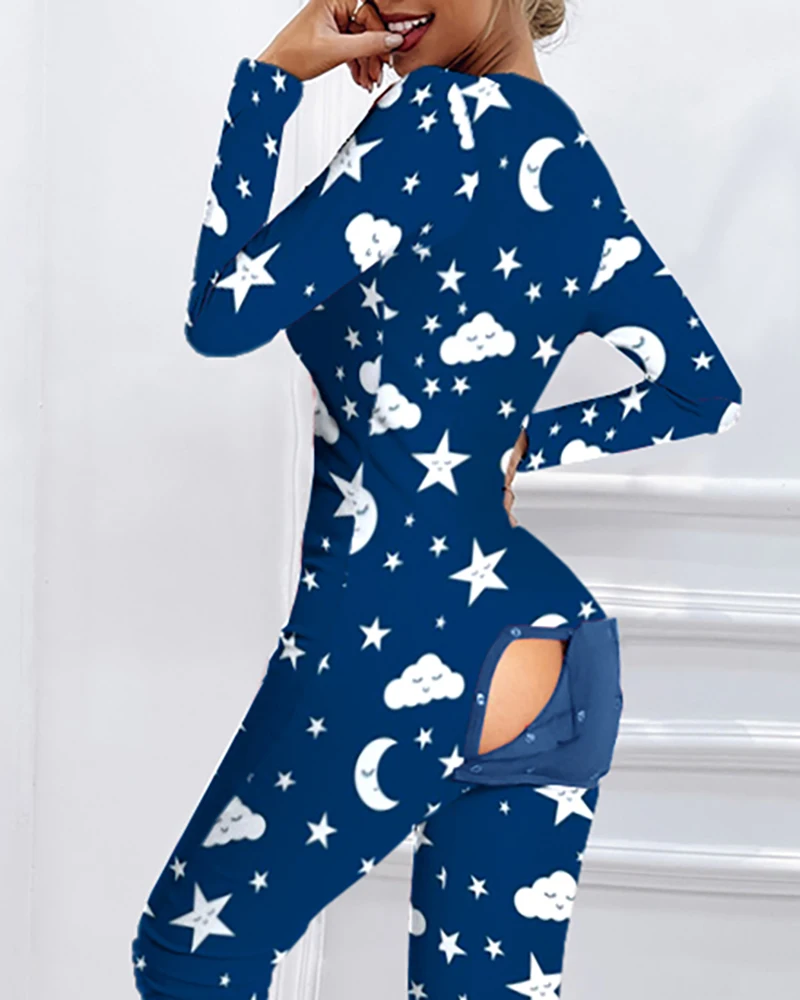 

Ladies Blue Star Print Long Sleeve Functional Buttoned Flap Adults Pajamas Sleepwear Home Clothes Jump Suit Women's Sexy Romper