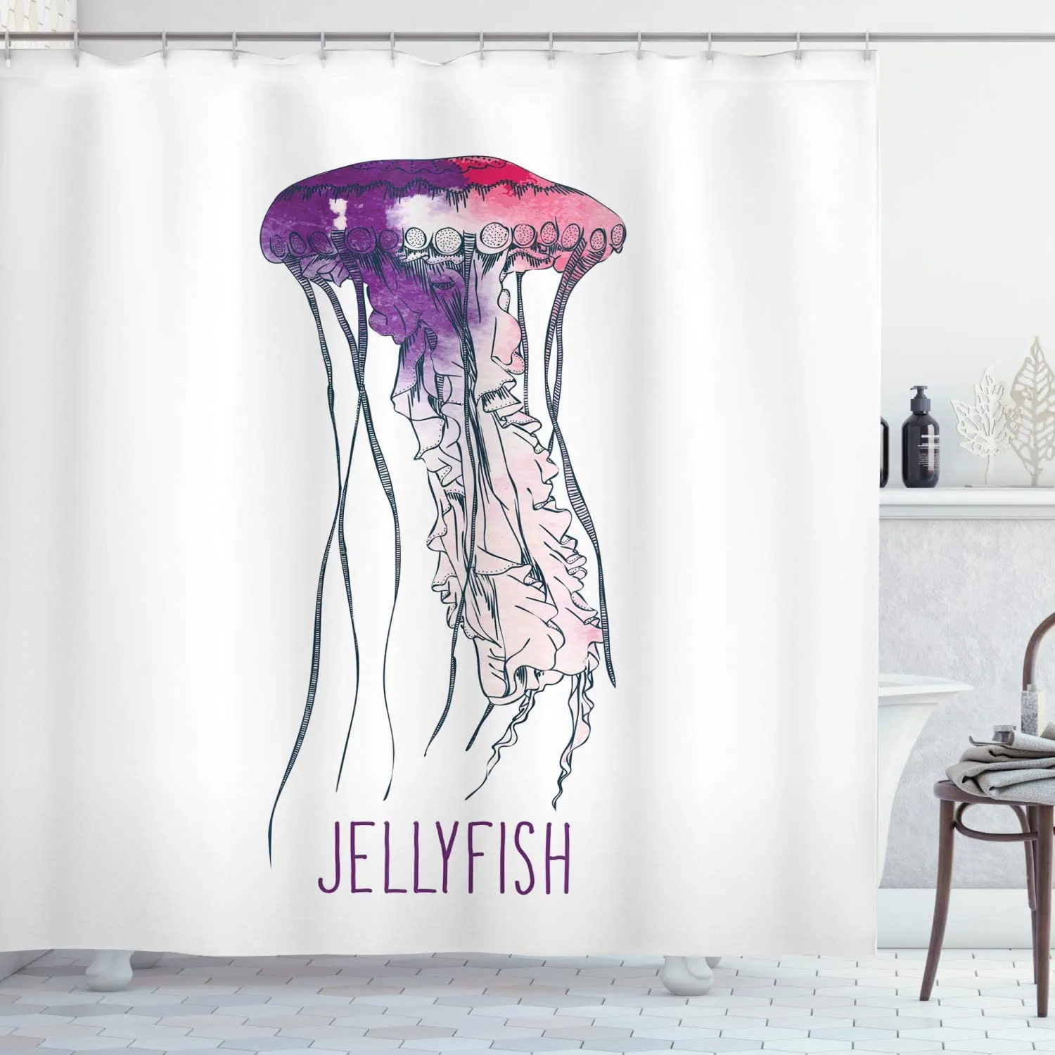 Душевая занавеска с Медузой большим рисунком медузы экзотический тканевый
