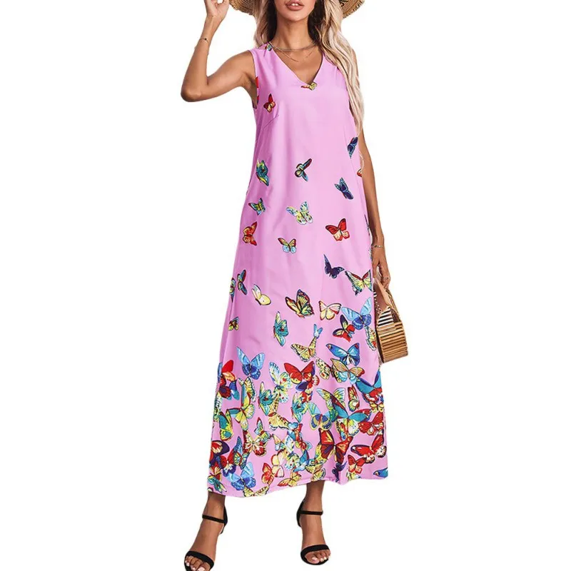 

2021 New Original Sexy V-neck Dress Butterfly Print Sleeveless Dress Cool Vest Dresses for Women Summer Clothing