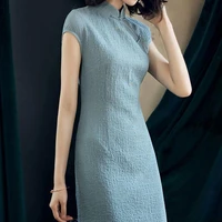 solid color stand up collar improved cheongsam women summer retro chinese style 2021 new mid length short sleeved dress with bel