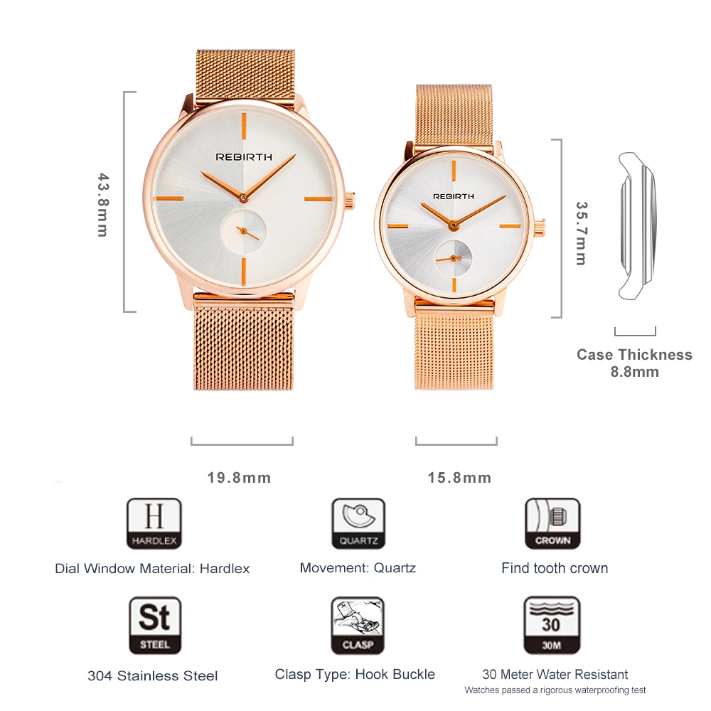 Пара часов Роскошные повседневные женские часы водонепроницаемые розовое