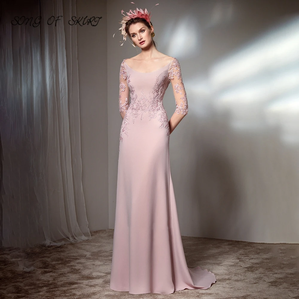 

Elegance Pink Mermaid Mother Of Bride Dresses Illusion Sleeves Applique Women Formal Evening Gown Robe De Soirée Femme