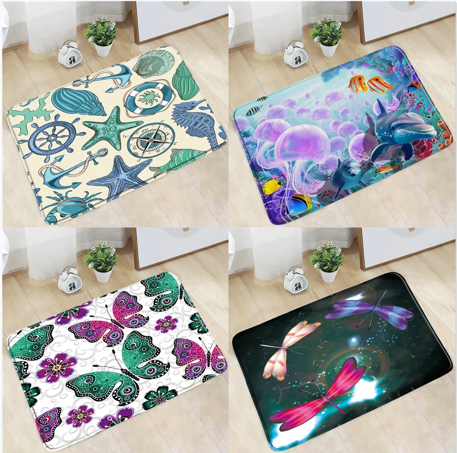 

Cute Cartoon Bathroom Mat Butterfly Anchor Starfish Dolphin Jellyfish Animal Pattern Non-Slip Rug Bedroom Kitchen Doorway Carpet