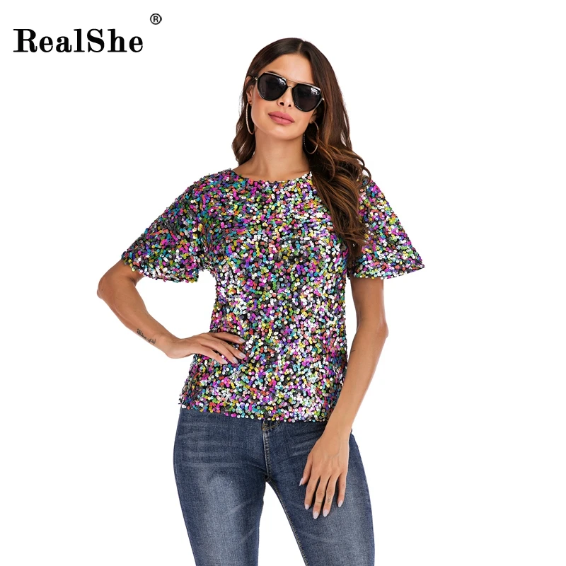 RealShe женские футболки и топы круглый вырез короткий рукав Sequince Camiseta Feminina