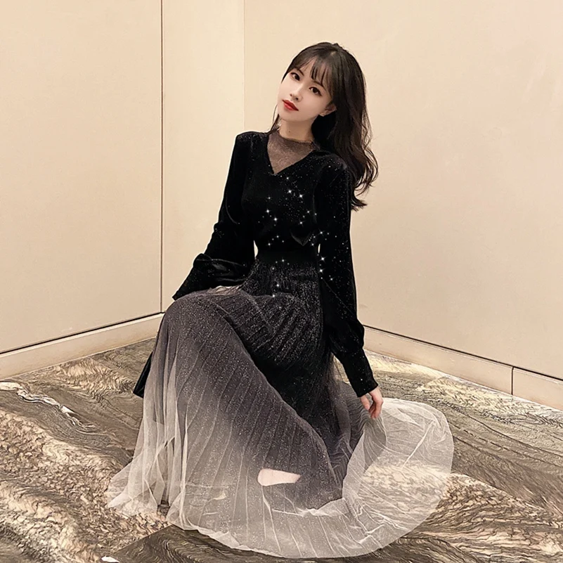 

2021 Fashion Autumn And Winter The New Retro Mesh Velvet Splice Pleated Gradient Color Dresss Free Shipping