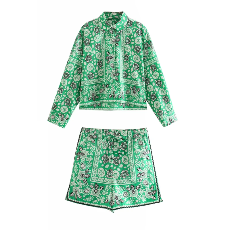 

TRAF Za 2021 Women's Shorts Shirt Set Green Crop Top Female Set Woman 2 Pieces High Waist Shorts Summer Blouse Casual Shorts