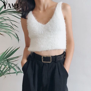 Женский пушистый топ, белый укороченный топ без рукавов с v-образным вырезом, мягкий уличный Топ, 2019