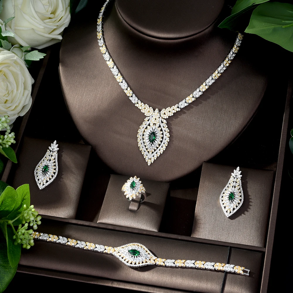 Hibride роскошь ювелирные комплекты dubai зеленый AAA CZ Цепочки и ожерелья для колец