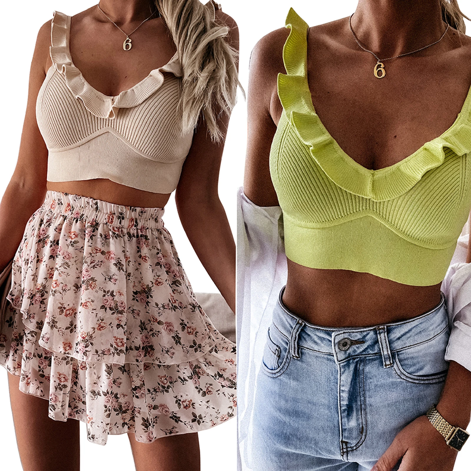 

Women's Rib Knit Tank Tops, Sexy Sleeveless V Neck Solid Color Tight Ruffle Crop Tops New Fashion 2021