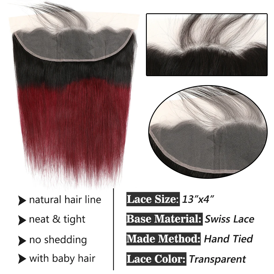 Омбре бразильские прямые волосы пучки с фронтальной Remy бордовый человеческие