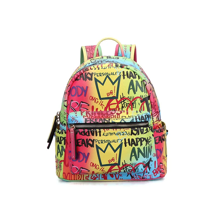 

2020 New Arrival Brand High Quality Graffiti Backpack For Women Designer Back Bag Large Capacity Rainbow Colored PU Leather Bag