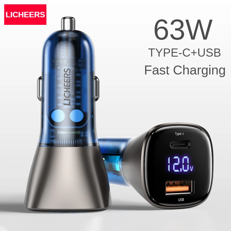 licheers 63w car charger usb type c car phone charger translucent dual port pd qc fast charging for laptop iphone samsung xiaomi free global shipping