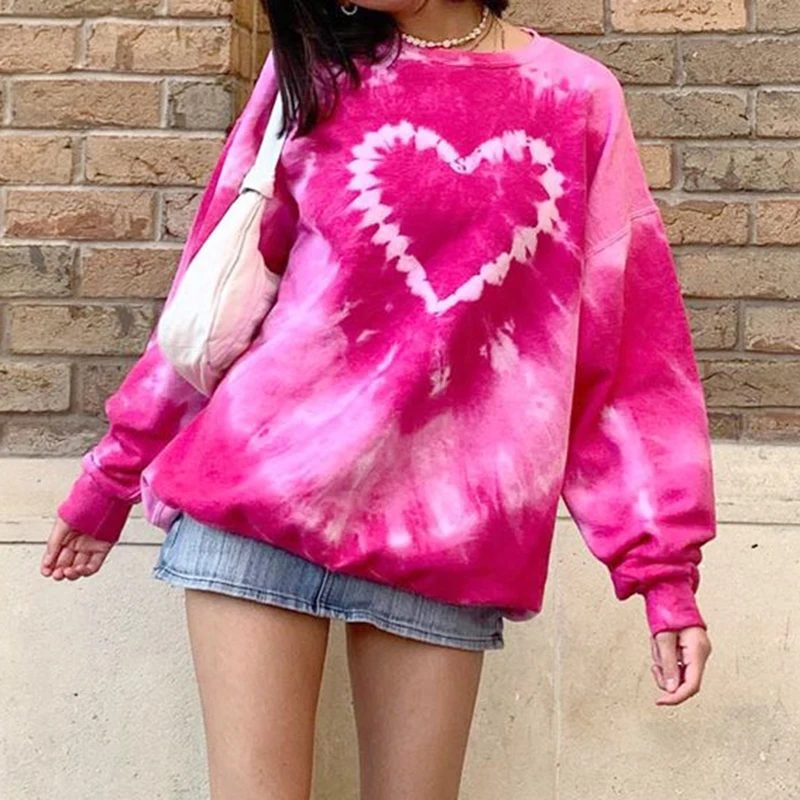 

E-Girl Tie Dye Crewneck Long Sleeve Tops Autumn Pullovers Heart Pattern Y2K Aesthetics Pink Oversized Sweatshirts Women 2022