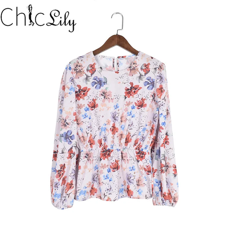 

Chiclily Floral Print Lantern Sleeve Chiffon Blouse Vintage O-neck Pleats Long Sleeve Chic Casual Kimono Women Shirts