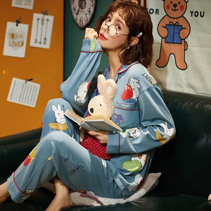 

NIGHTWA 2020 Autumn New Ladies Comfortable Cotton Cotton Pajamas Long-sleeved Lapel Sweet and Cute Pajamas Suit Home Clothes