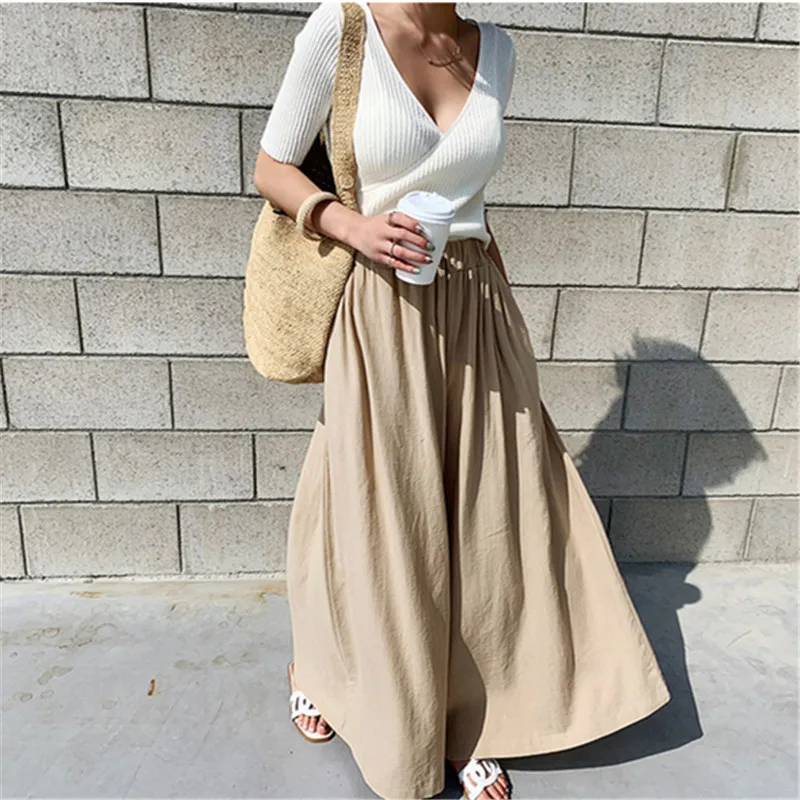 

2019 New Summer Autumn High Waist Plus Size Wide Leg Pants Women Long Pant Solid yellow Casual Korean Cotton Linen Trousers