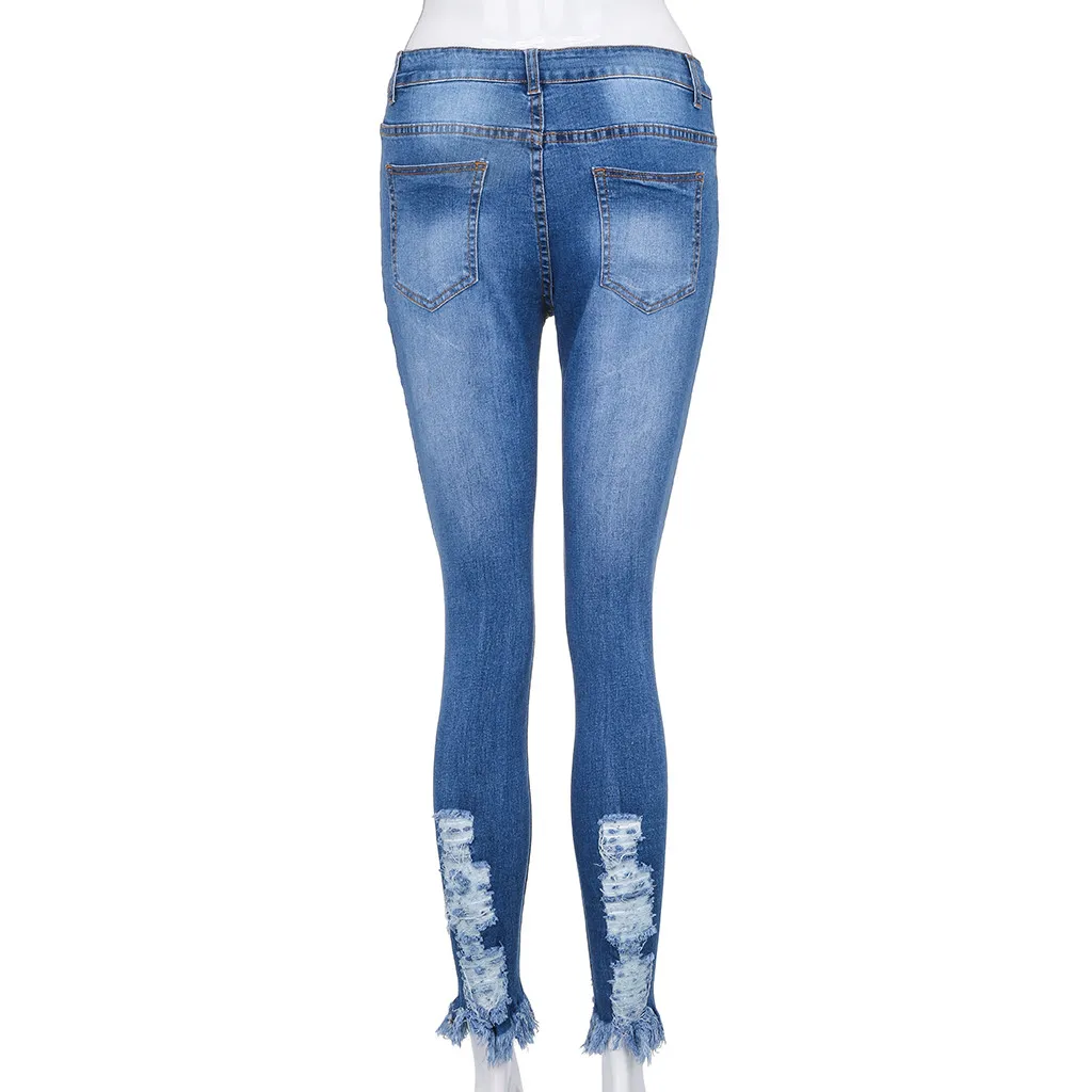 

2021 New Blue Solid Colour Holes Excoriation Pockets High-Waisted Slimming Skinny Jeans Women's Fashion Casual Pencil Long Pants