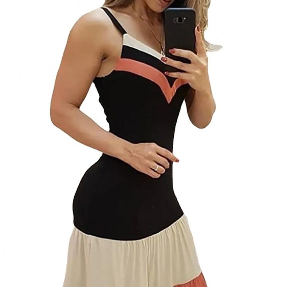 Black Splicing Collision Color Halter Dress 2021 Summer New Women Slim Casual V Sexy Long Skirt Africa Spaghetti Stap Dress