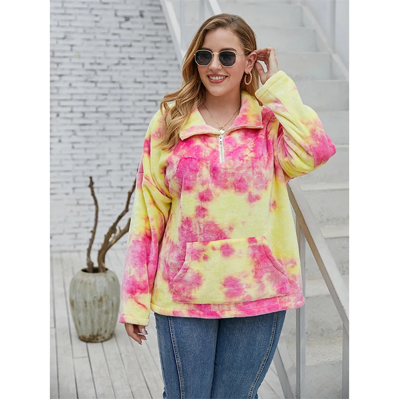 Fioncrow Tie-Dye Hoodie Women's Plus Size Y2K Pullover Pocket Lapel Long Sleeve Sports Casual Loose Autumn Women's Clothing