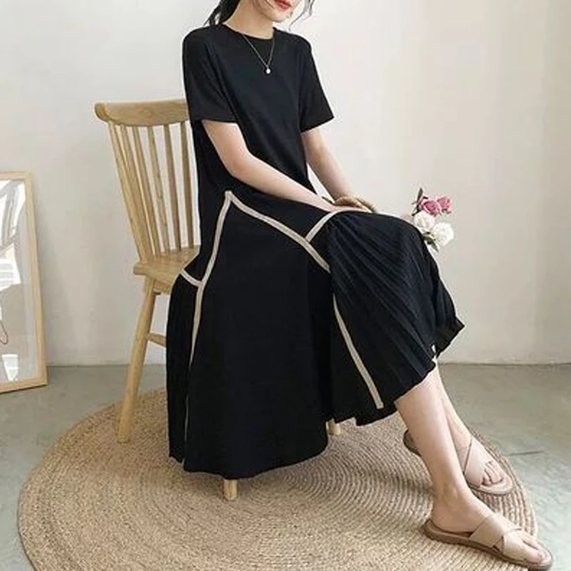 2022 Summer Plus Size 4XL Women Tunic Dress O-Neck Loose Ladies Vestidos Dresses Black Color Patchwork Female Robe Dress KE1073