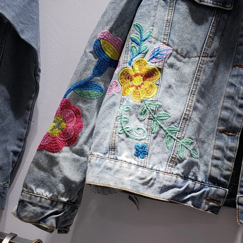 

Folk Flowers Embroidery Womens Denim Jacket Loose Fit Vintage Female Coat Casual Batwing Sleeve K-pop Jean Jackets Streetwear