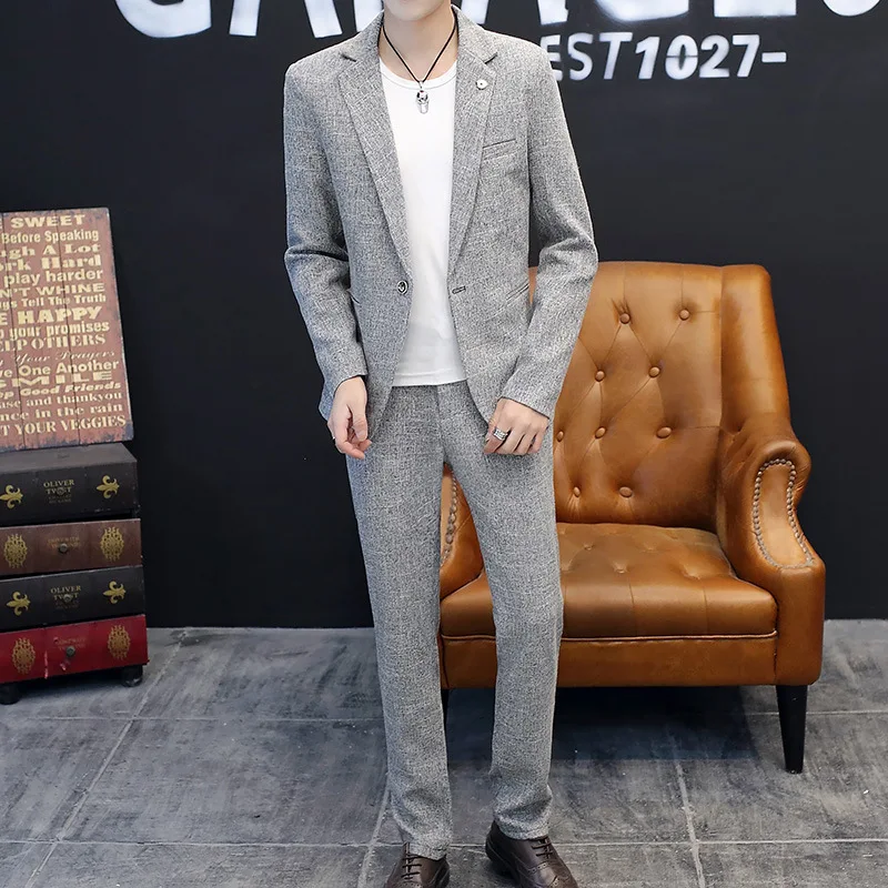 

2020 Men's Slim-Fit Handsome Suit Youth Autumn Solid Color Imitation Cotton and Linen Suit Two Pieces