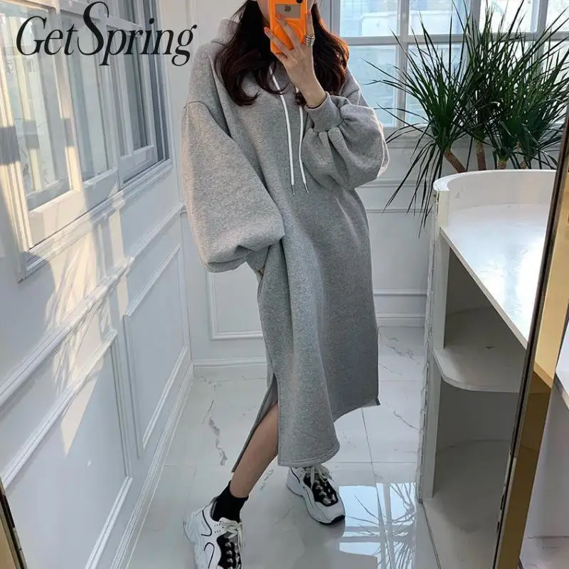 GETSPRING Women Dress Lantern Sleeve Split Thicken Hooded Dresses Gray Black Pink Vintage Plus Size Long Dresses New Autumn