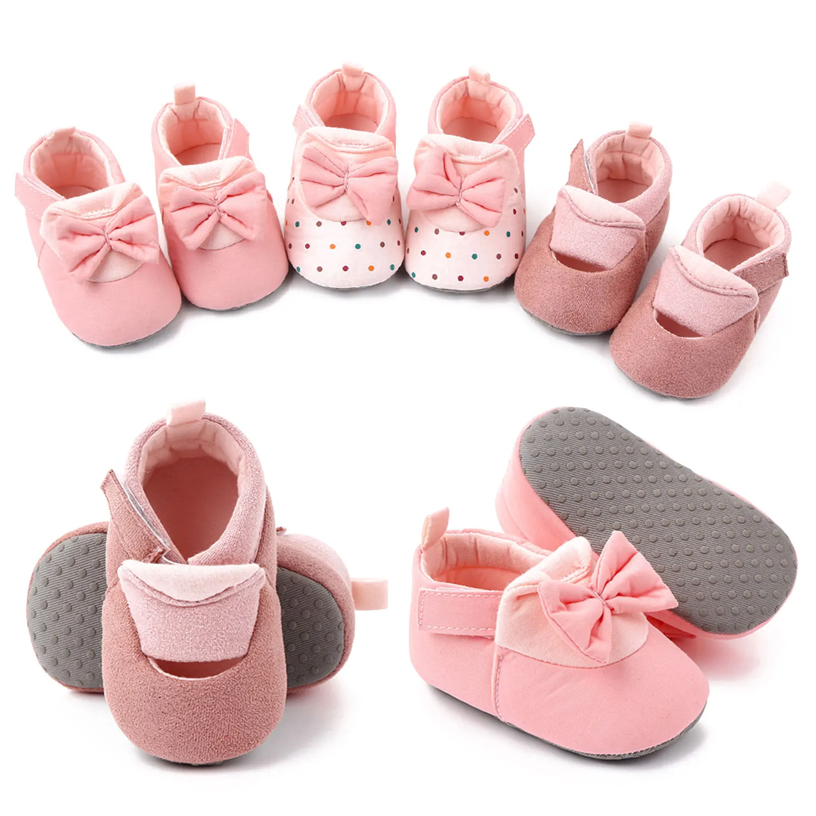 

0-18M Baby Girls Bowknot Crib Shoes Solid Color Pink Soft Sole Flat Shoes Anti-Slip Hook Loop Cotton Shoes First Walker