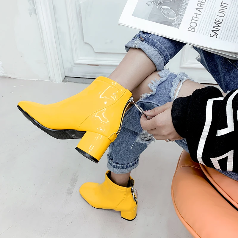 

Autumn Fashion Ankle Boots Patent Leather High Heel Women Zipper Boots Square Toe Winter Female Boots Black Pink Red White 33-43