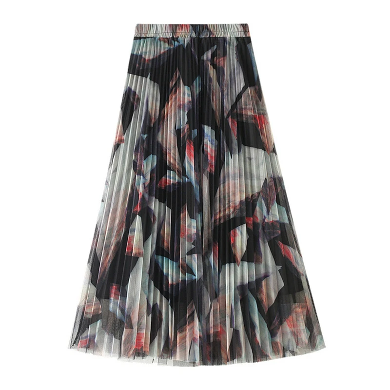 PEONFLY Fashion Print Long Tulle Skirts Women 2020 Autumn Korean A Line Elastic High Waist Pleated Maxi Skirt Female Ladies