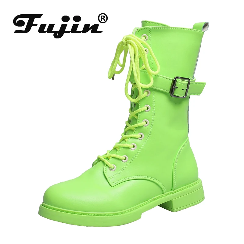 Fujin/женские ботинки Новинка Женские до середины икры Женская обувь Ботинки на молнии со шнуровкой Кожаные