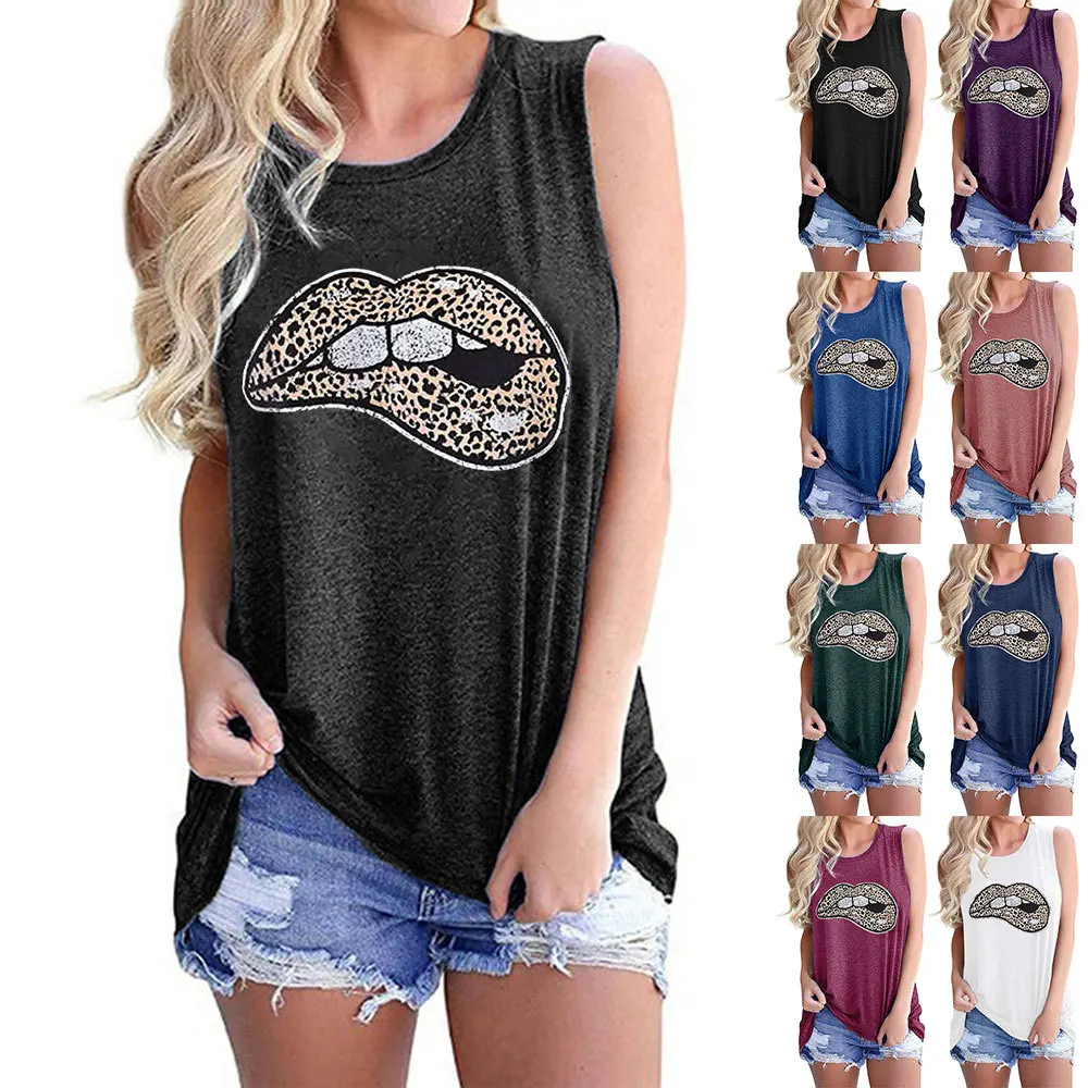 

Tops Women 2021 Leopard Lips Print Tank Top O-Neck Casual Loose Harajuku Sleeveless Women T-shirt Cotton tanks camis