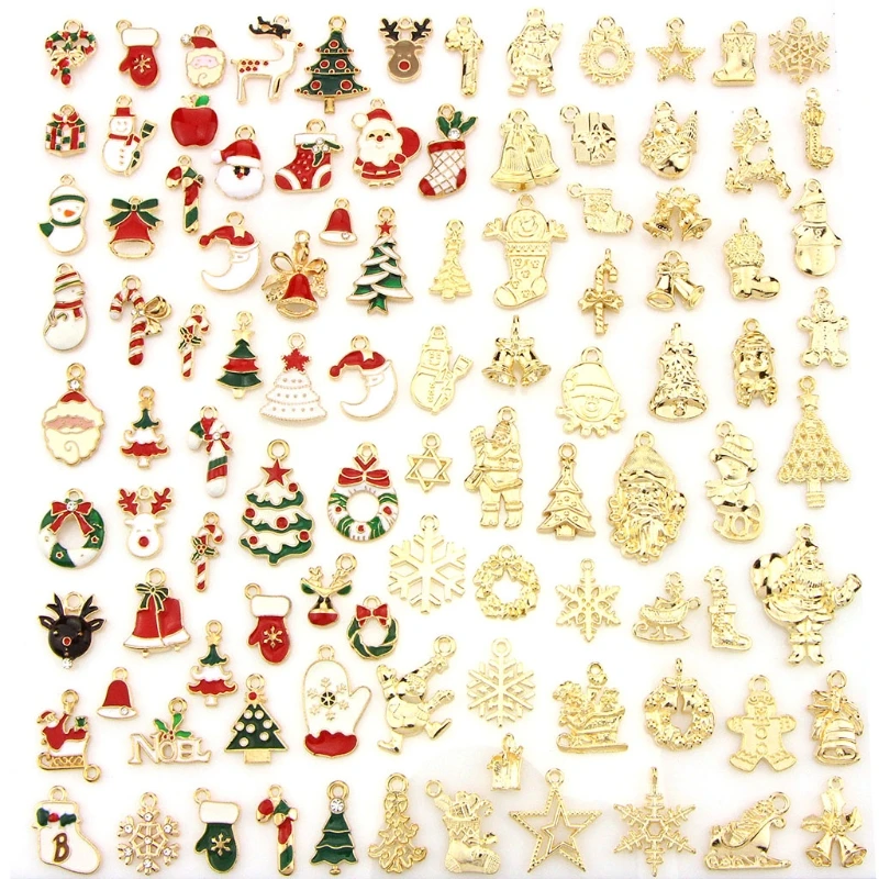 

100 Pieces/Set Christmas Drop Oil Charms Random Style DIY Bracelet Necklace Pendant with Loop for Jewelry Making Finding