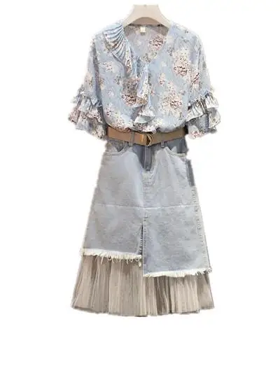 ICHOIX Женская Цветочная шифоновая рубашка с оборками и джинсовая юбка летние