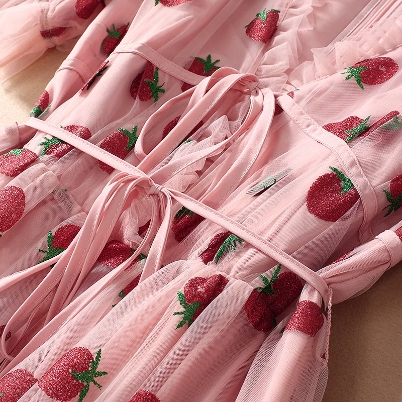 

Runway Rhinestone Diamonds Strawberry Pink Mesh Maxi Dress Women Short Puff Sleeve Sexy V-neck Lace-up Bow Tunic Lolita Dress