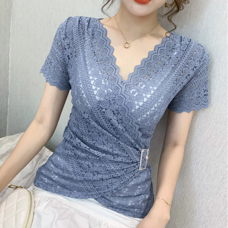 

Women lace tops New Arrivals 2023 Summer short sleeve v-neck women blouse shirt Sexy Hollow out lace tops plus size blusas 5XL