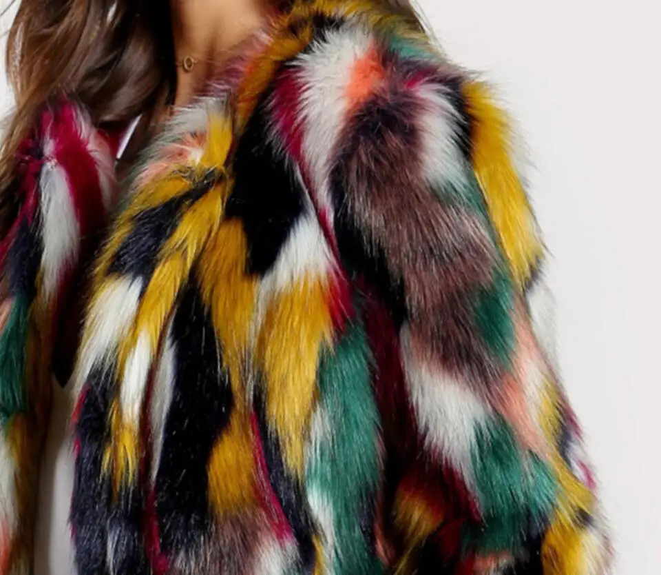 Fashion Contrast Multi color Faux Fur Coat Long Hairy Shaggy Outwear Women Autumn Winter Short Jacket Coat Tops