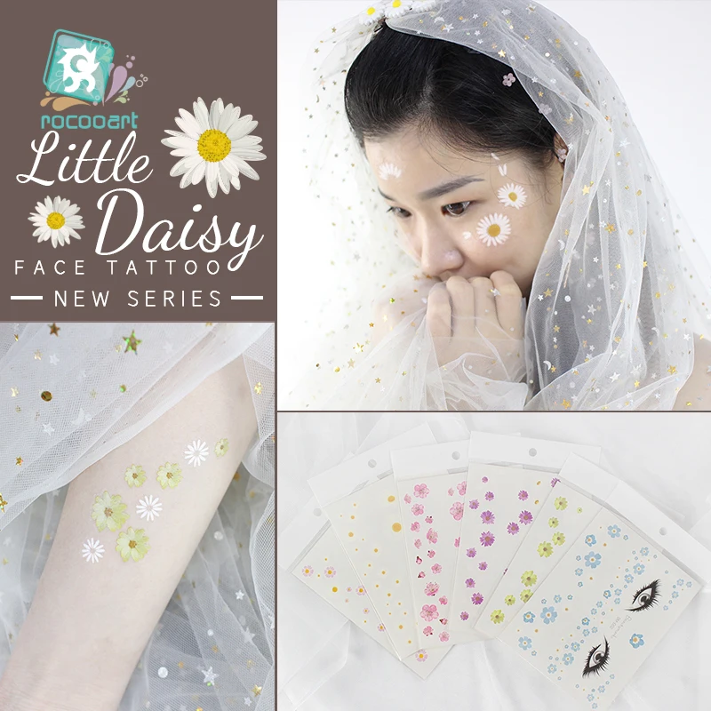 

Rocooart Little Daisy Temporary Tattoo Stickers Flower Face Tattoo For Makeup Party Waterproof Fake Tatto Women Girl Hands Taty