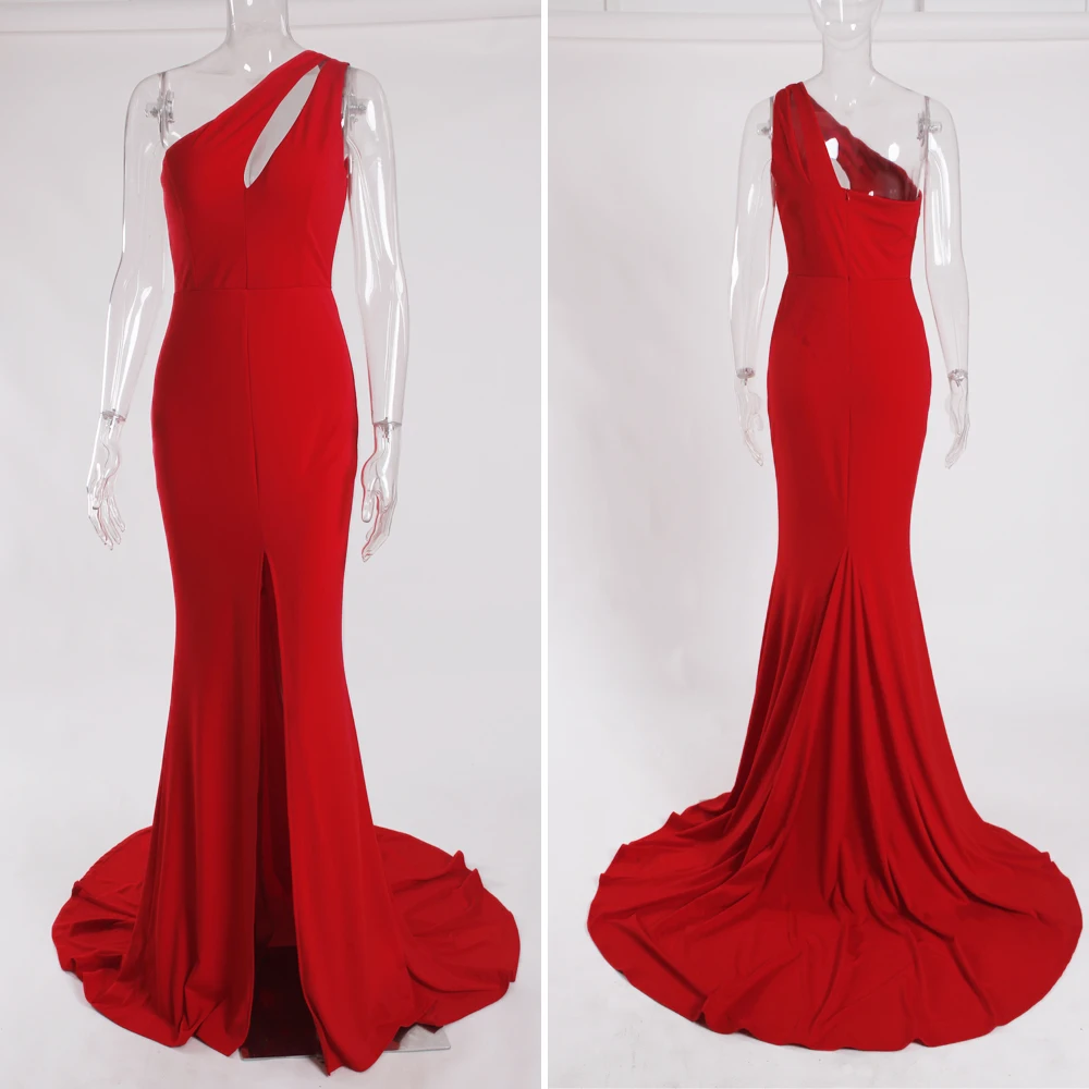 платье летнее женское сексуальные красный на одно плечо асимметрия длинное Hole
