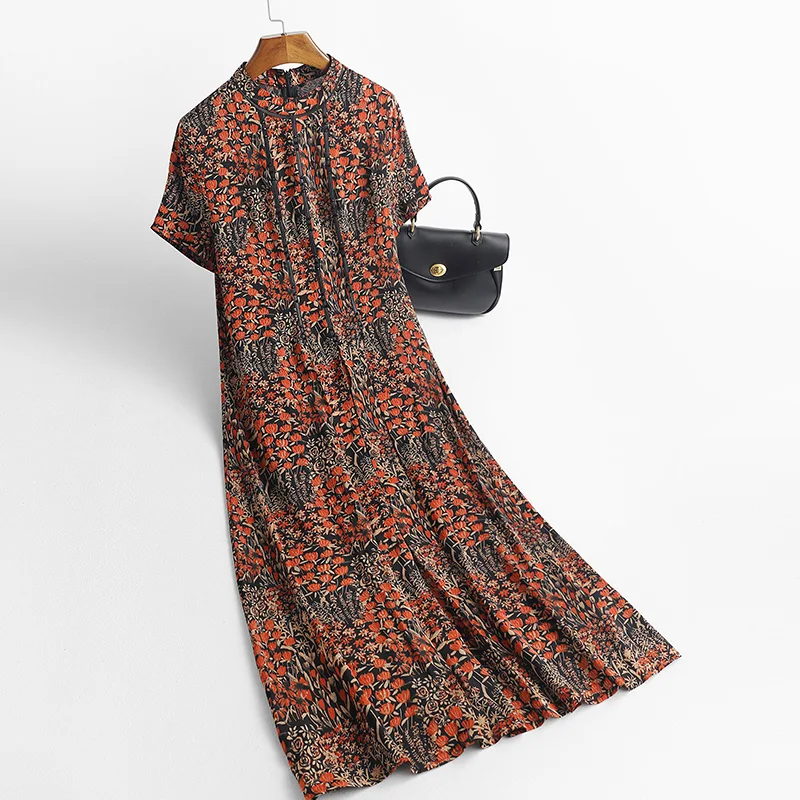 

2021 Women Spring Summer Casual Print Silk Dress Female Elegant Plus Size Short Sleeve Dresses Ladies Pleated A-line Vestido K01