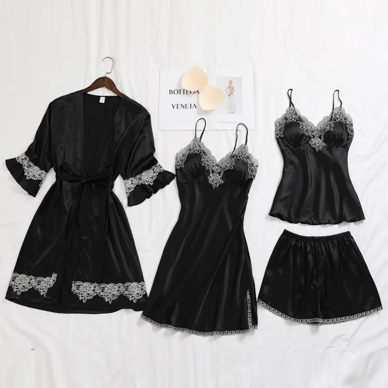 

4PCS Sleepwear Sexy Female Lace Pajamas Suit Sexy Ice Silk Satin Four Pieces Set V-Neck Robe Suspender With Shorts Home Suit