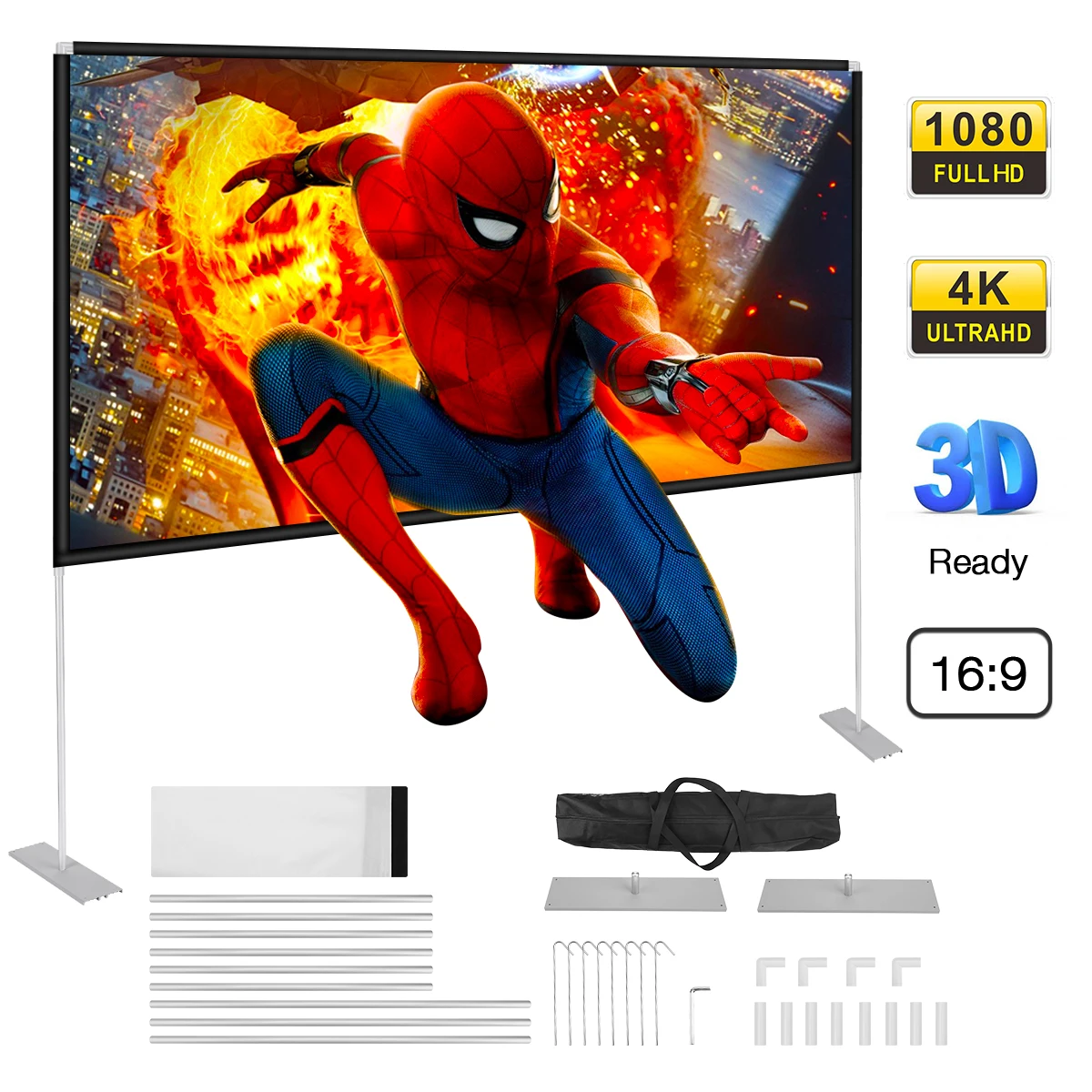

100inch Projector Screen With Stand 4K Ultra HD 3D 16:9 Projection Display for Home Theater Presentation Bracket Folding Screen