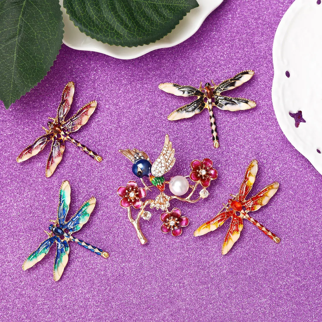 Эмаль синяя зеленая стрекоза броши для женщин и мужчин золото плиссированные