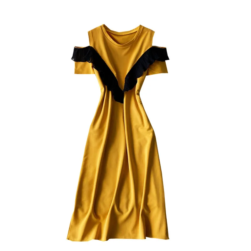 

Spring New Round Neck Pullover Women's Dress with Strapless Waist and Thin Ruffle Stitching Fashion Temperament Dress