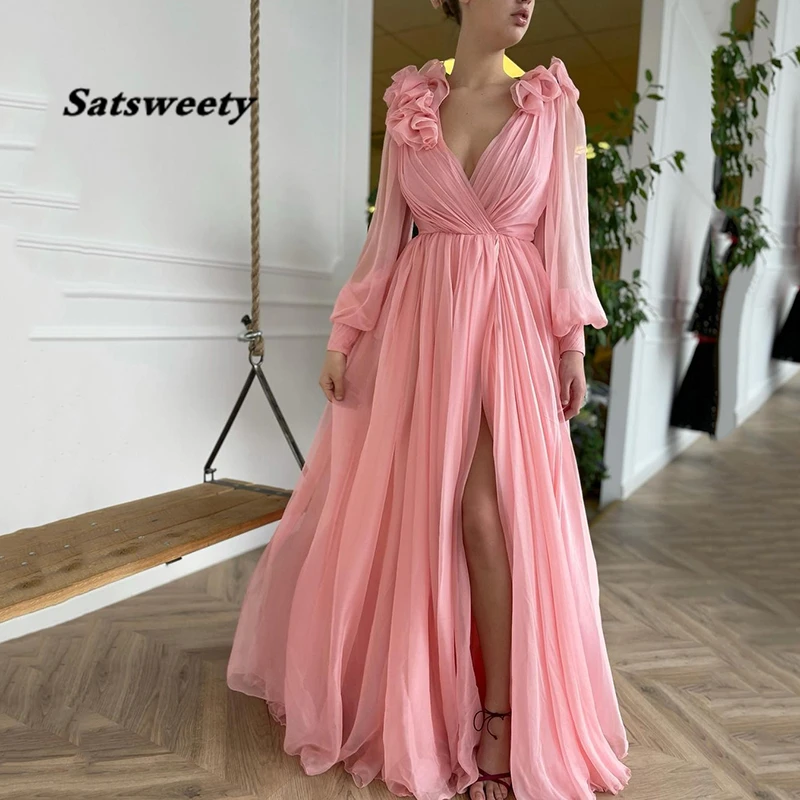 Vestido de fiesta de gasa rosa, manga larga plisada, lateral alto, flores, línea A, cuello en V, Arabia Saudita, 2022
