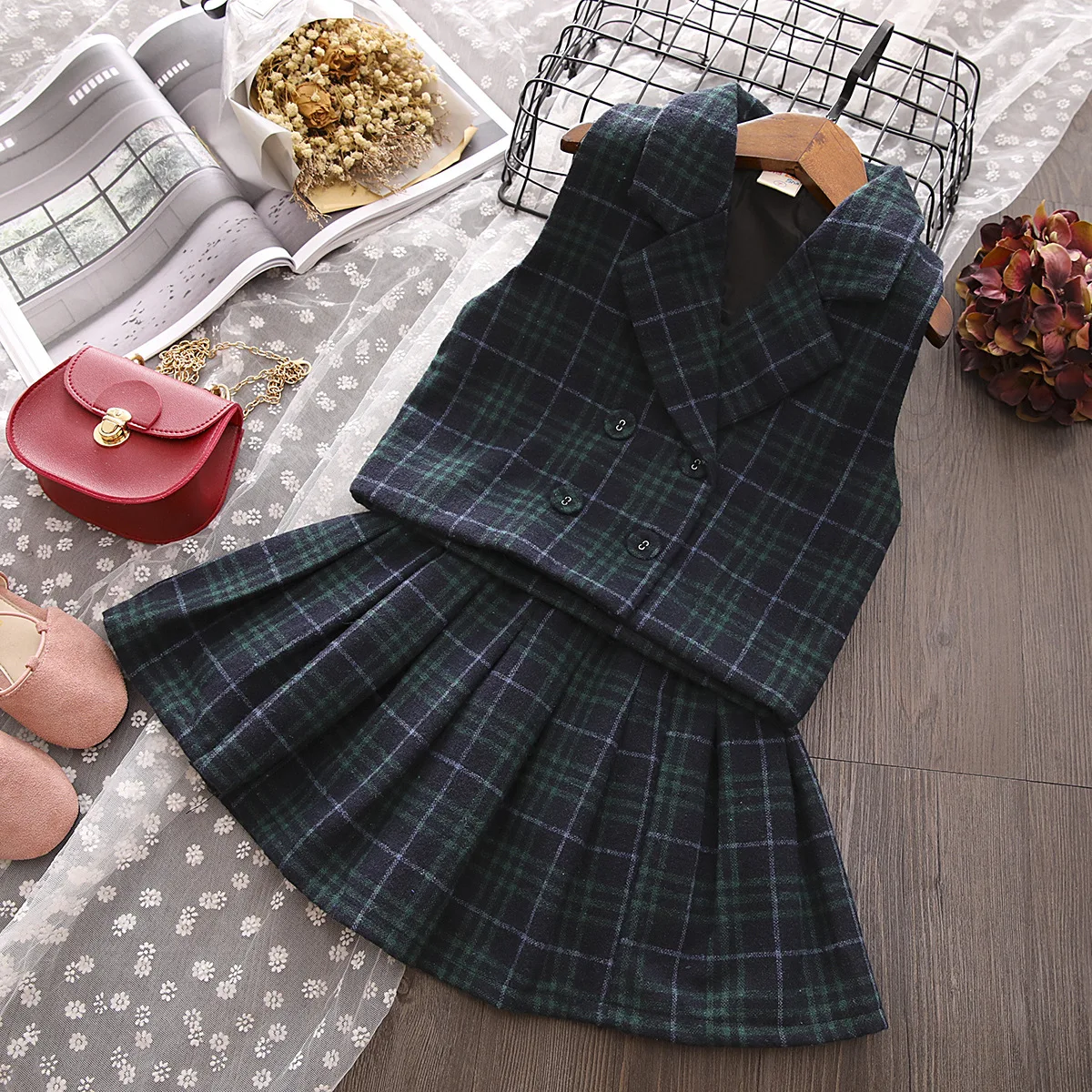 Новый весенний комплект из двух предметов для девочек в клетку модная клетчатая