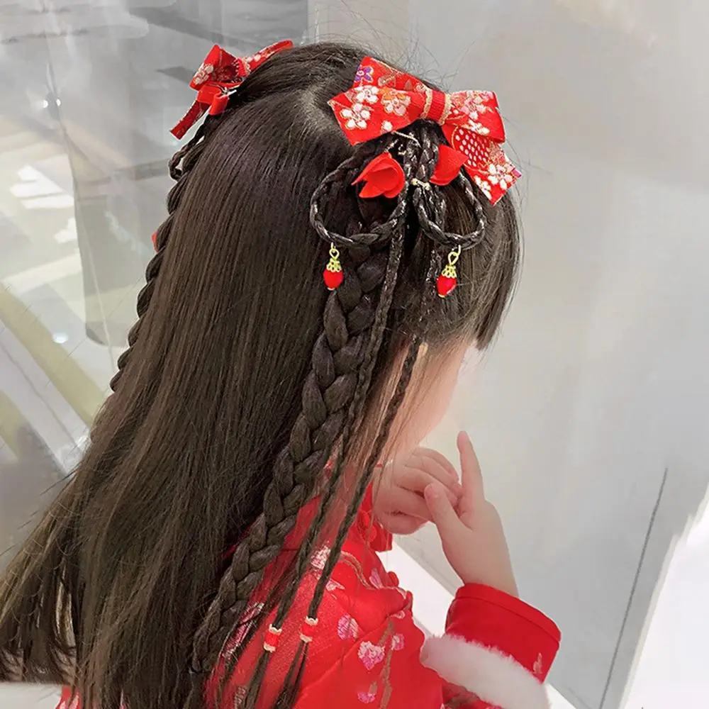 

1Pair Chinese New Year Baby Wig Braid Hairpin Antique Sweet Red Bow Flower Tassel Headdress for Children Hair Accessories
