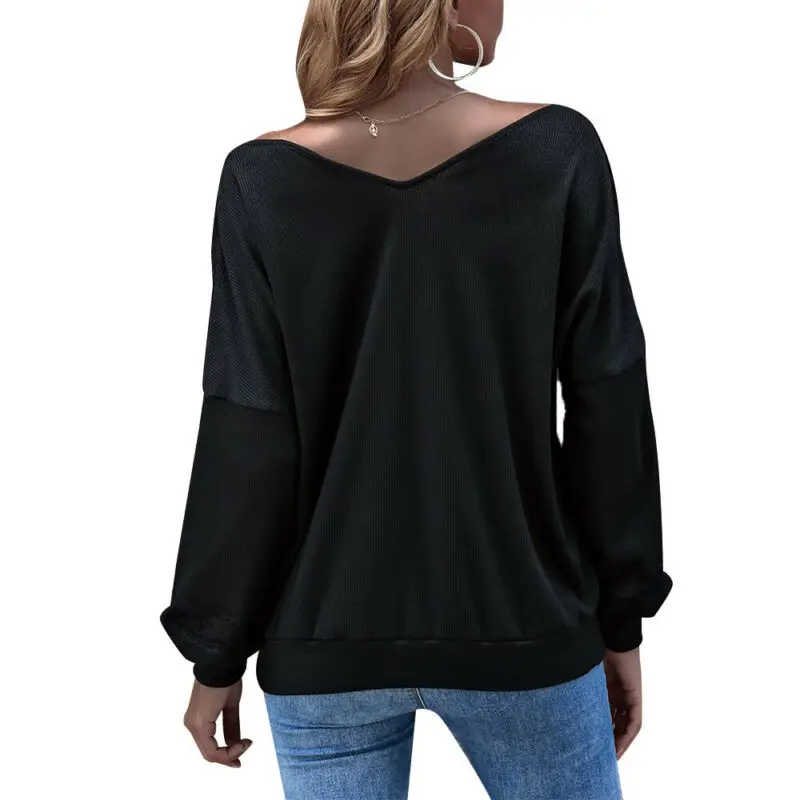 

Womens Lace V-neck T-shirt Fashion Plain Puff Sleeve Blouse Casual Loose Tee Top